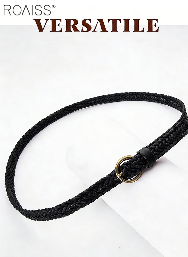 roaiss 2 Pcs Black Woven Belts for Women, Stylish Waxed Rope Woven Thin Belts, and Vintage Leather Woven Belts Non-Perforated Belt Suitable for Dresses, Shirts, and Jeans, Ideal for Daily Wear - Image 5